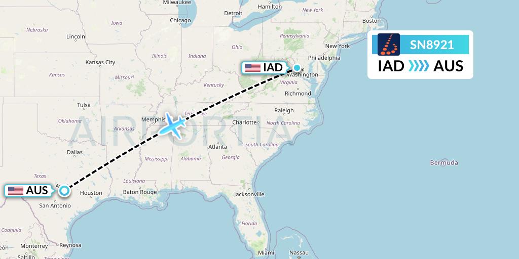 SN8921 Brussels Airlines Flight Map: Washington to Austin