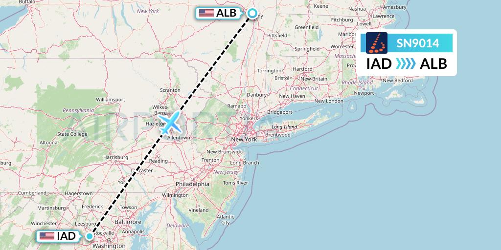 SN9014 Brussels Airlines Flight Map: Washington to Albany