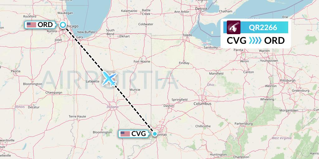 QR2266 Qatar Airways Flight Map: Cincinnati to Chicago