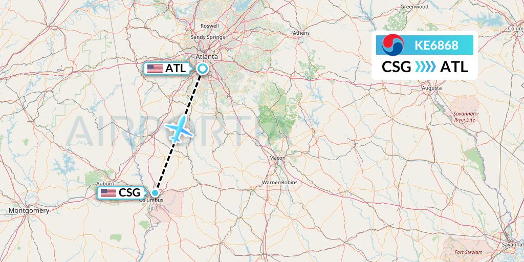 KE6868 Korean Air Flight Map: Columbus to Atlanta