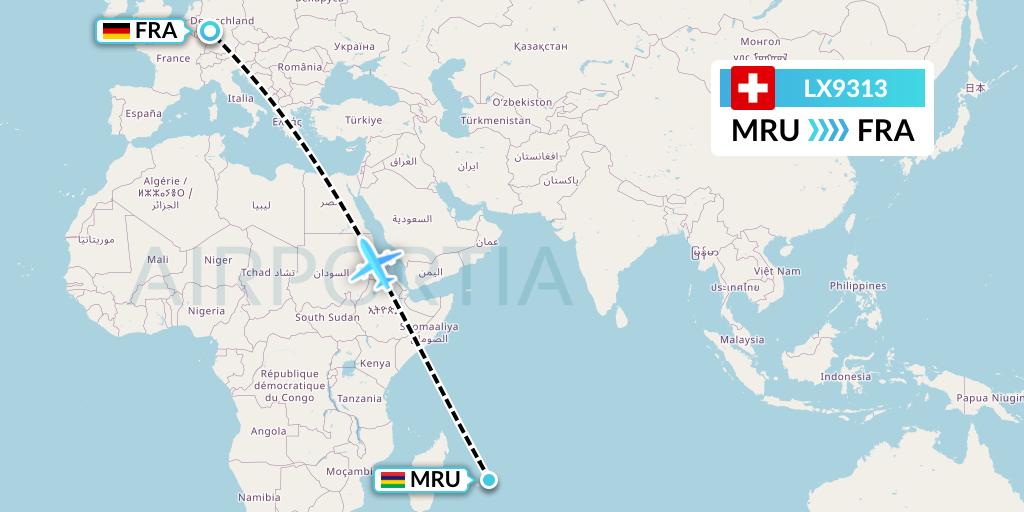 LX9313 Swiss Flight Map: Port Louis to Frankfurt