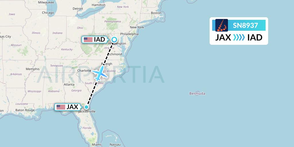 SN8937 Brussels Airlines Flight Map: Jacksonville to Washington