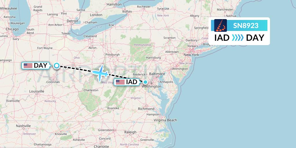 SN8923 Brussels Airlines Flight Map: Washington to Dayton