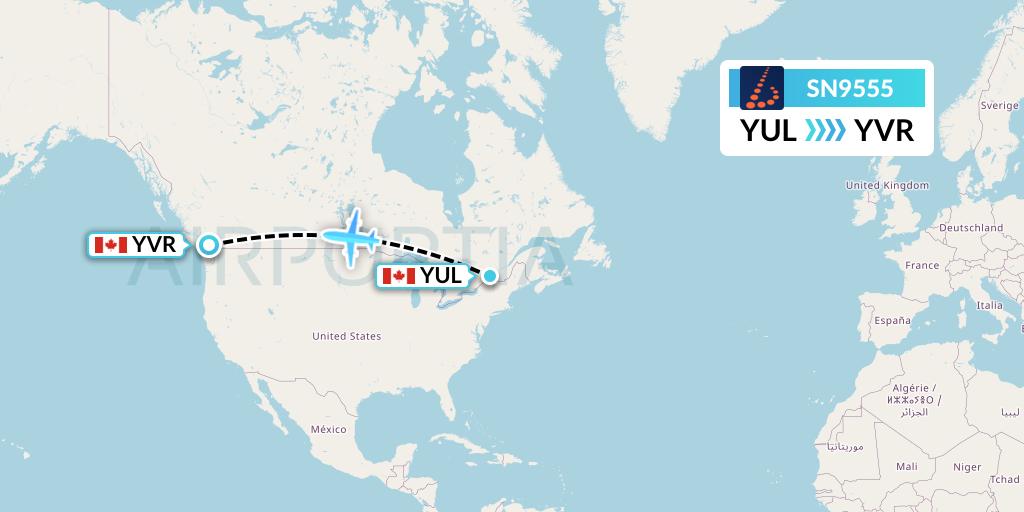SN9555 Brussels Airlines Flight Map: Montreal to Vancouver