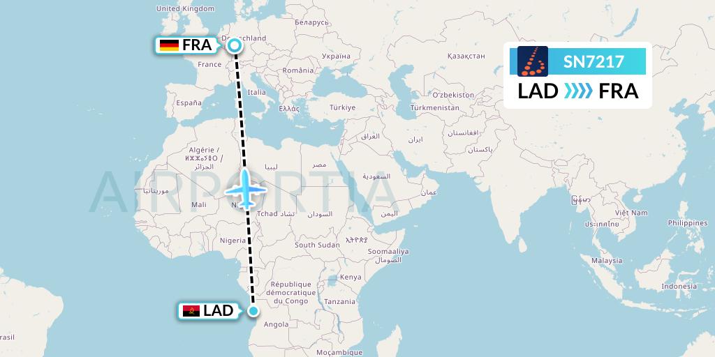 SN7217 Brussels Airlines Flight Map: Luanda to Frankfurt
