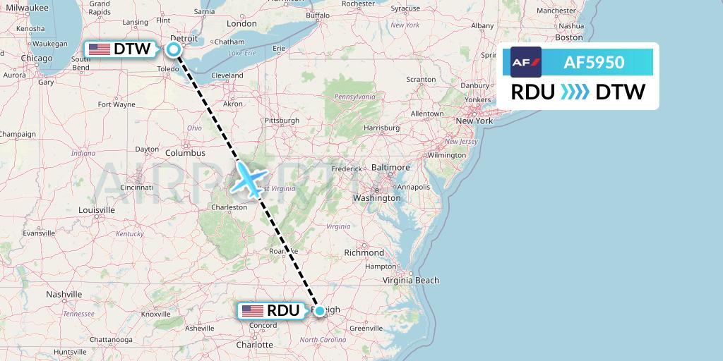AF5950 Air France Flight Map: Raleigh-Durham to Detroit