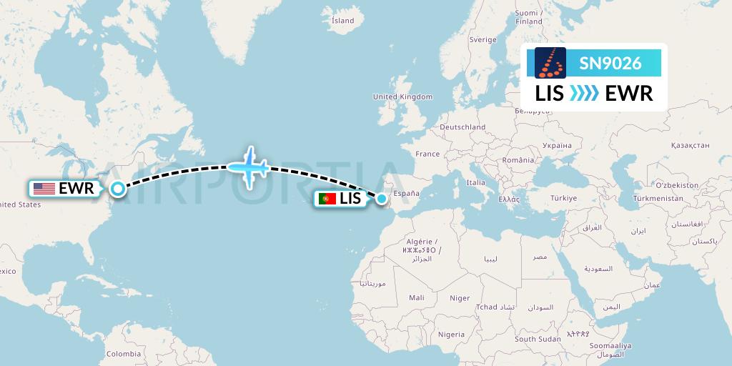 SN9026 Brussels Airlines Flight Map: Lisbon to New York
