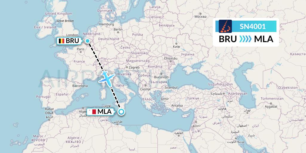 SN4001 Brussels Airlines Flight Map: Brussels to Malta