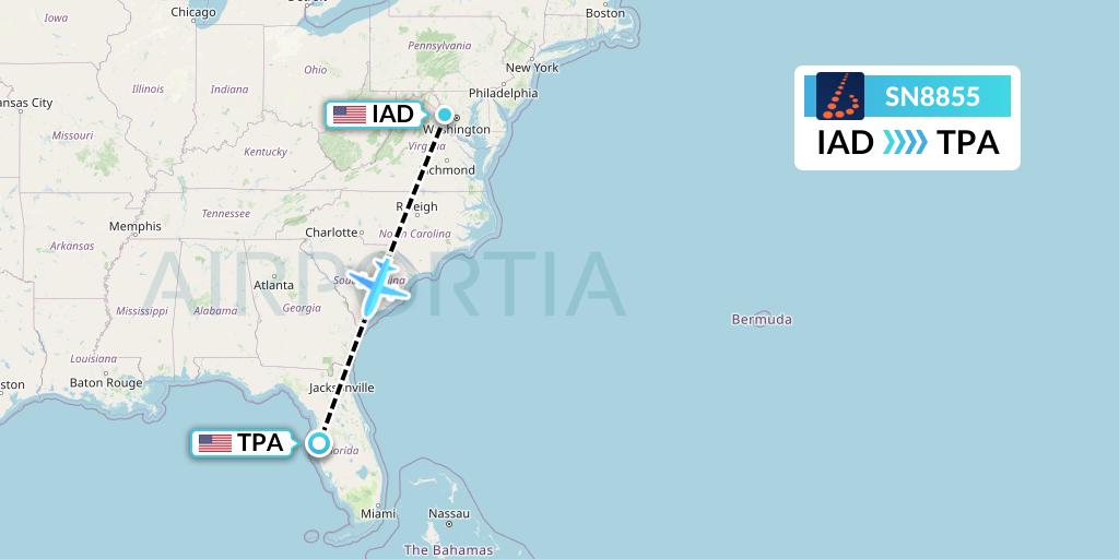 SN8855 Brussels Airlines Flight Map: Washington to Tampa