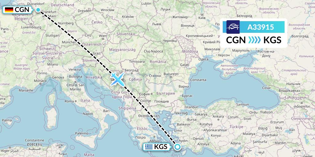 A33915 Aegean Airlines Flight Map: Cologne to Kos