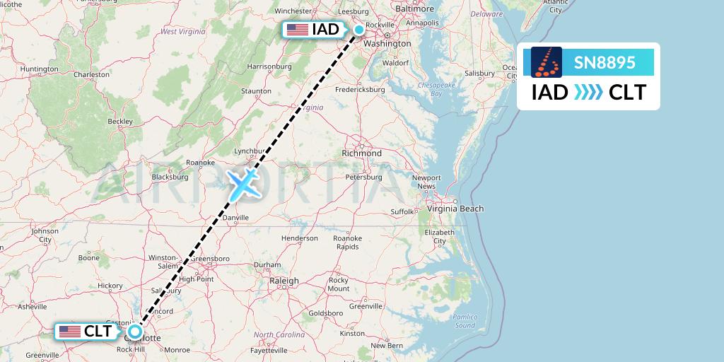 SN8895 Brussels Airlines Flight Map: Washington to Charlotte