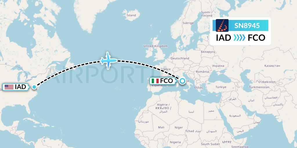 SN8945 Brussels Airlines Flight Map: Washington to Rome