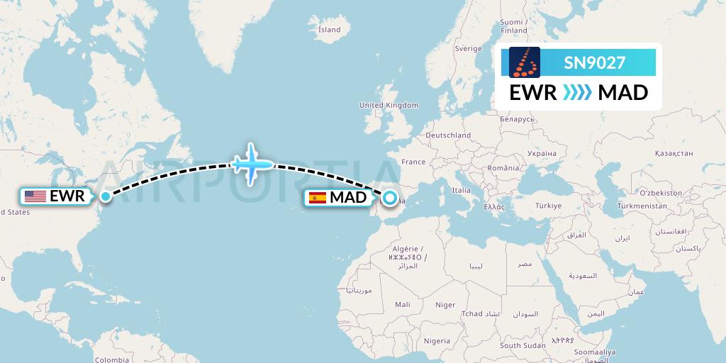 SN9027 Brussels Airlines Flight Map: New York to Madrid