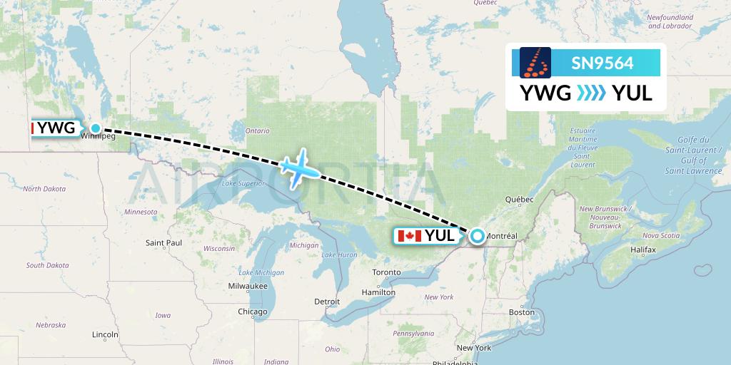 SN9564 Brussels Airlines Flight Map: Winnipeg to Montreal