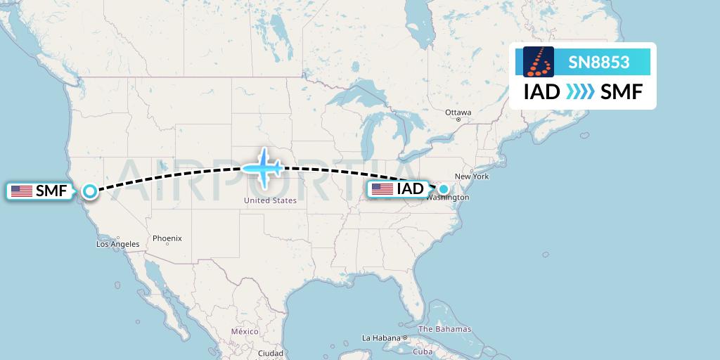 SN8853 Brussels Airlines Flight Map: Washington to Sacramento