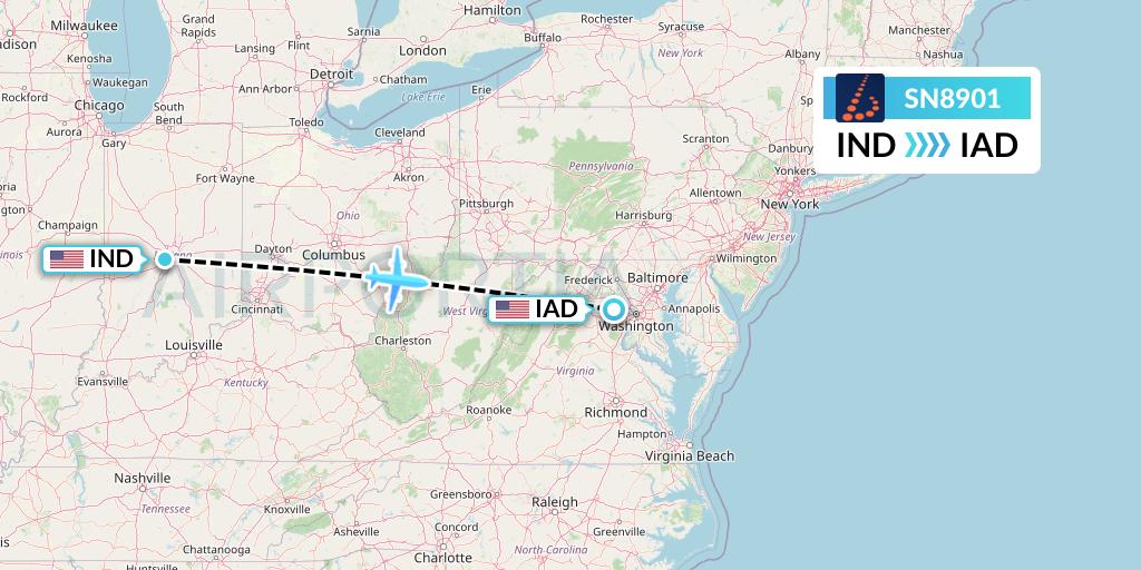 SN8901 Brussels Airlines Flight Map: Indianapolis to Washington