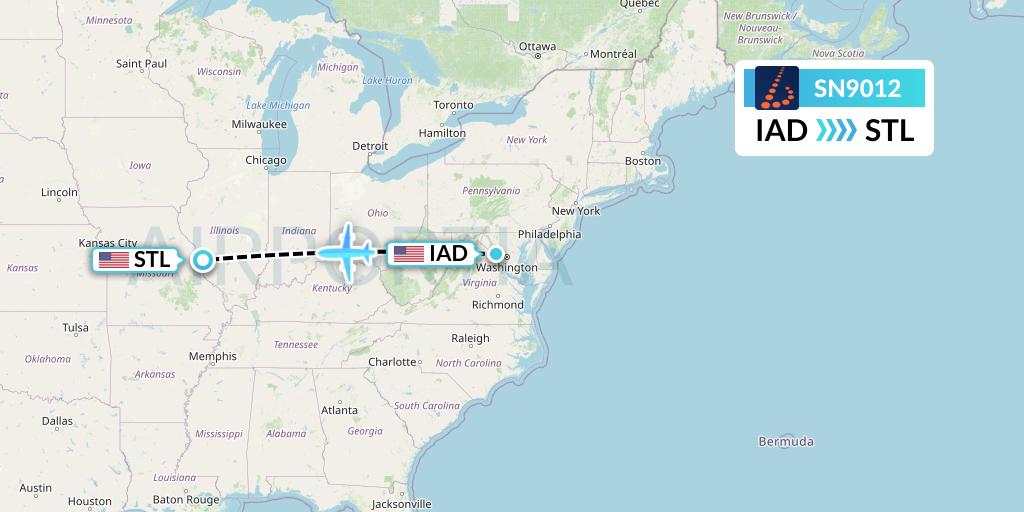 SN9012 Brussels Airlines Flight Map: Washington to St. Louis