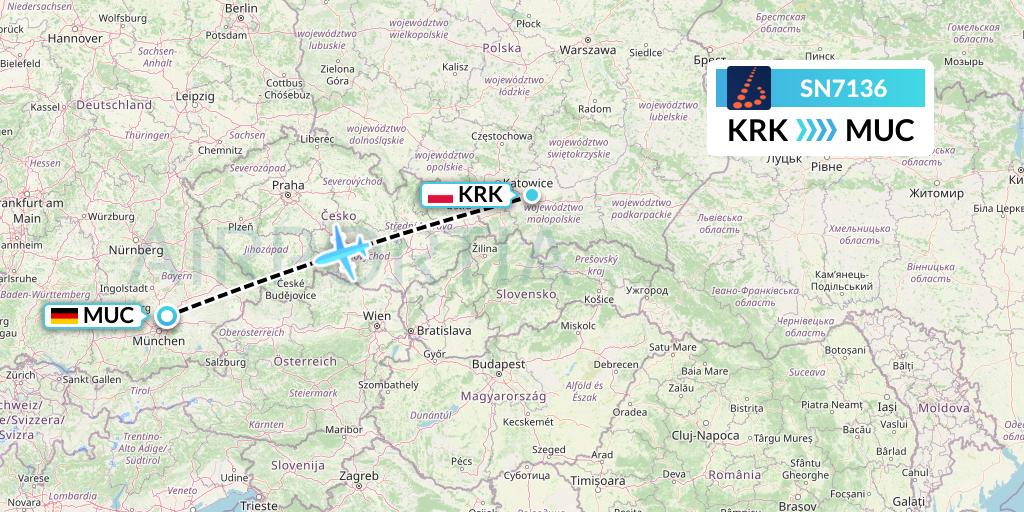 SN7136 Brussels Airlines Flight Map: Krakow to Munich