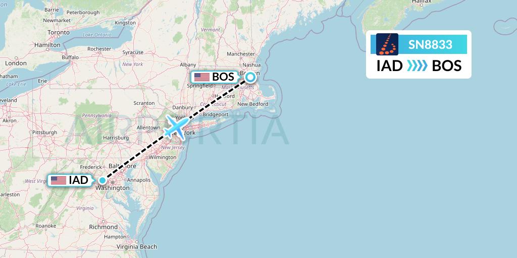 SN8833 Brussels Airlines Flight Map: Washington to Boston