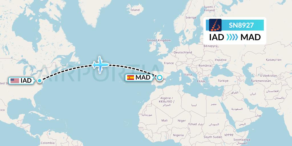SN8927 Brussels Airlines Flight Map: Washington to Madrid