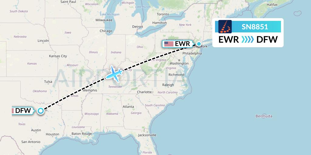 SN8851 Brussels Airlines Flight Map: New York to Dallas