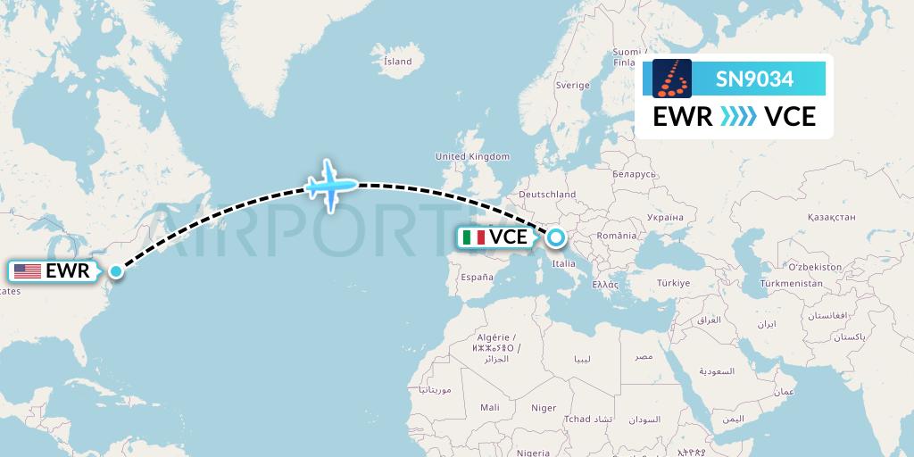 SN9034 Brussels Airlines Flight Map: New York to Venice