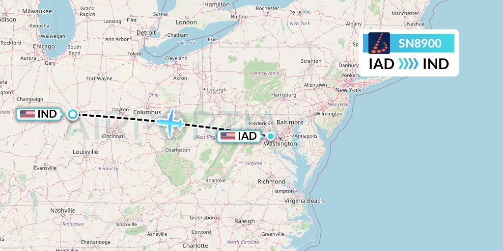 SN8900 Brussels Airlines Flight Map: Washington to Indianapolis