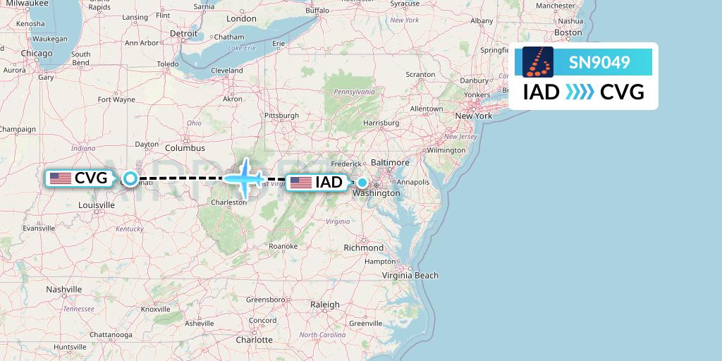 SN9049 Brussels Airlines Flight Map: Washington to Cincinnati