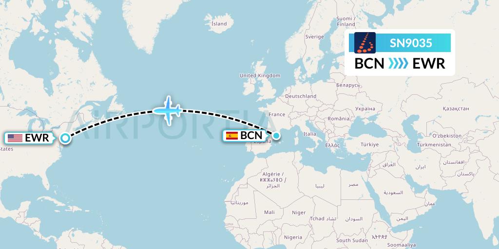 SN9035 Brussels Airlines Flight Map: Barcelona to New York