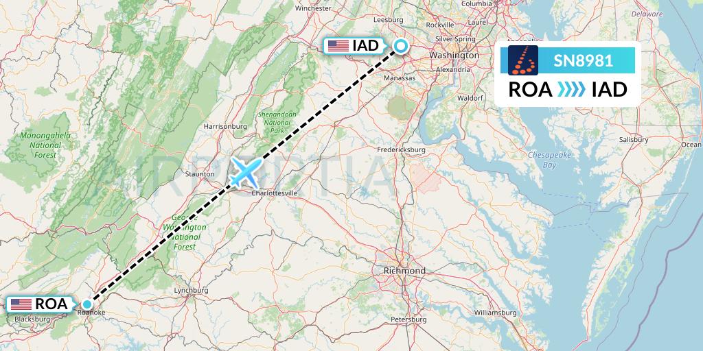 SN8981 Brussels Airlines Flight Map: Roanoke to Washington