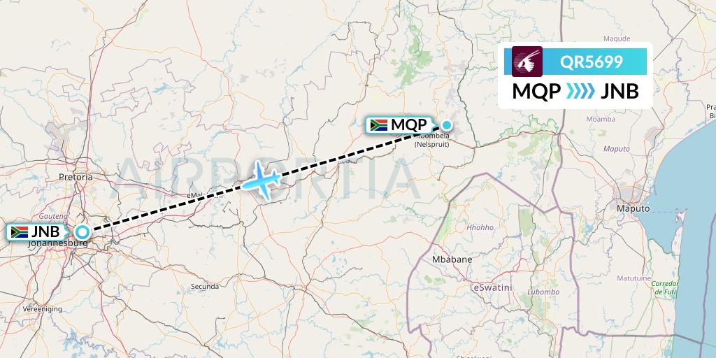 QR5699 Qatar Airways Flight Map: Nelspruit to Johannesburg