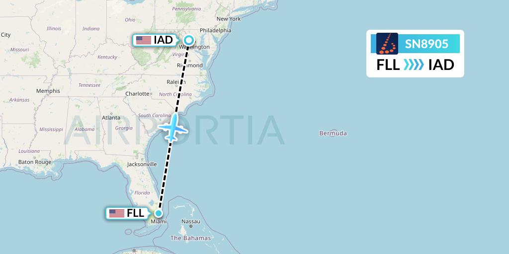 SN8905 Brussels Airlines Flight Map: Fort Lauderdale to Washington