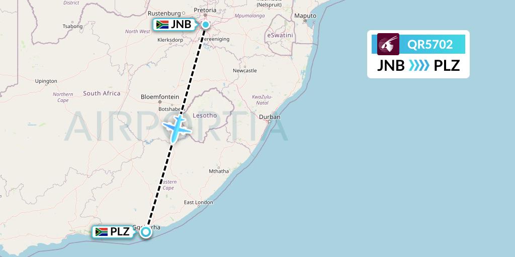 QR5702 Qatar Airways Flight Map: Johannesburg to Port Elizabeth