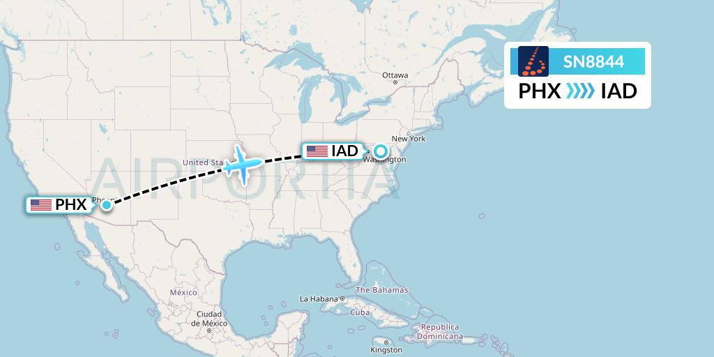 SN8844 Brussels Airlines Flight Map: Phoenix to Washington