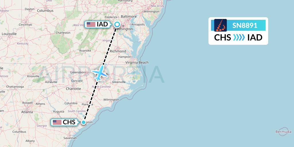 SN8891 Brussels Airlines Flight Map: Charleston to Washington