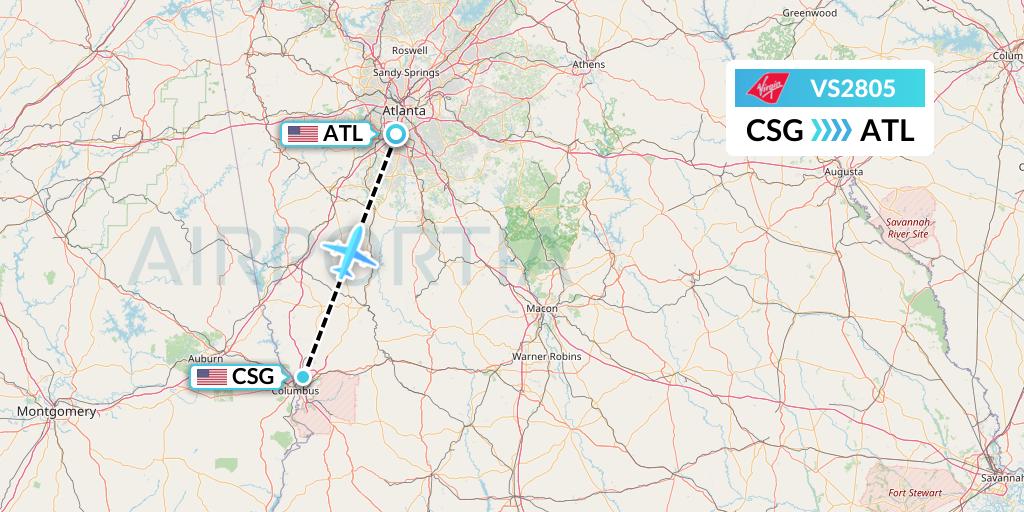VS2805 Virgin Atlantic Airways Flight Map: Columbus to Atlanta