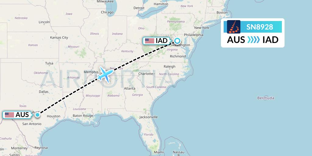 SN8928 Brussels Airlines Flight Map: Austin to Washington