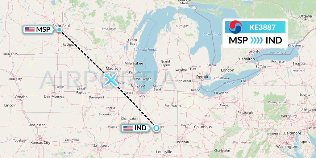 KE3887 Korean Air Flight Map: Minneapolis to Indianapolis