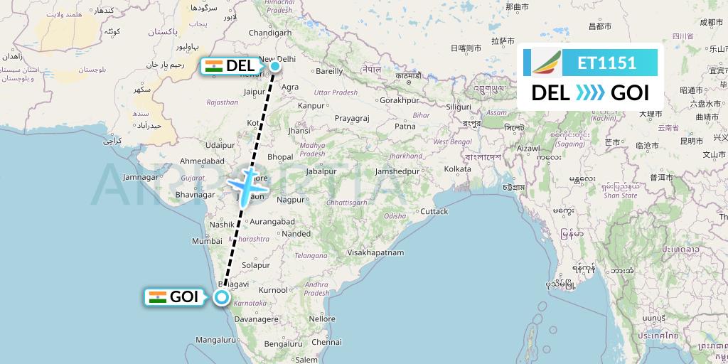 ET1151 Ethiopian Airlines Flight Map: Delhi to Goa