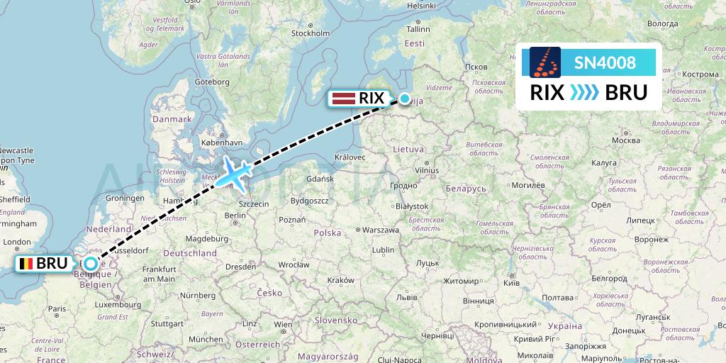 SN4008 Brussels Airlines Flight Map: Riga to Brussels