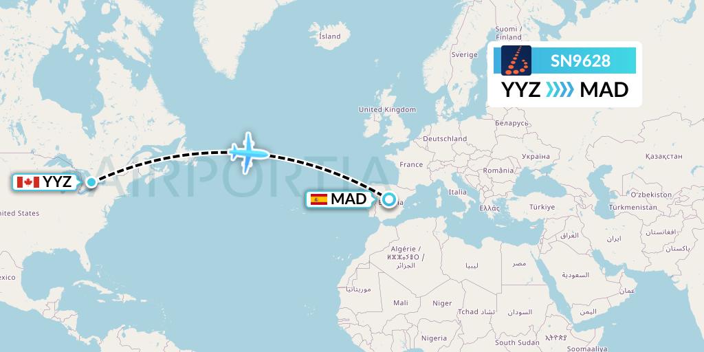 SN9628 Brussels Airlines Flight Map: Toronto to Madrid