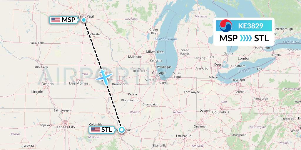 KE3829 Korean Air Flight Map: Minneapolis to St. Louis
