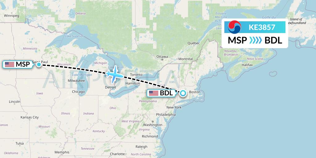 KE3857 Korean Air Flight Map: Minneapolis to Windsor Locks