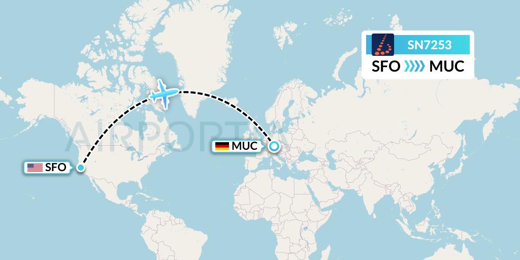SN7253 Brussels Airlines Flight Map: San Francisco to Munich