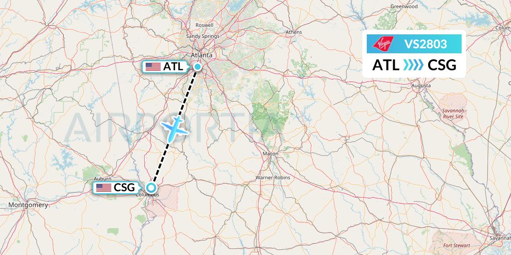 VS2803 Virgin Atlantic Airways Flight Map: Atlanta to Columbus