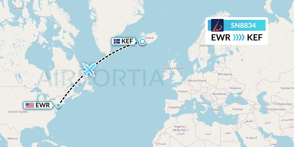 SN8834 Brussels Airlines Flight Map: New York to Reykjavik