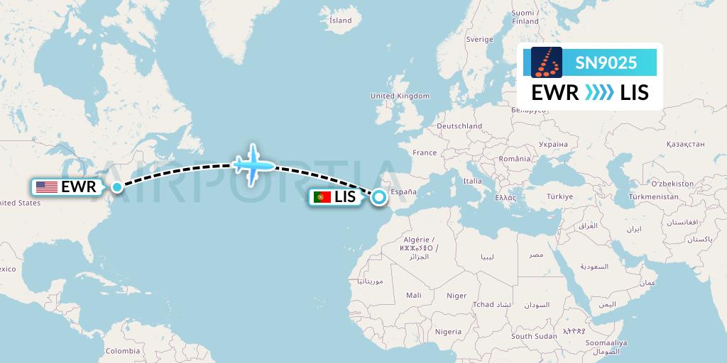SN9025 Brussels Airlines Flight Map: New York to Lisbon