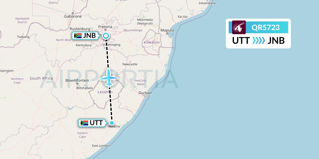 QR5723 Qatar Airways Flight Map: Mthatha to Johannesburg