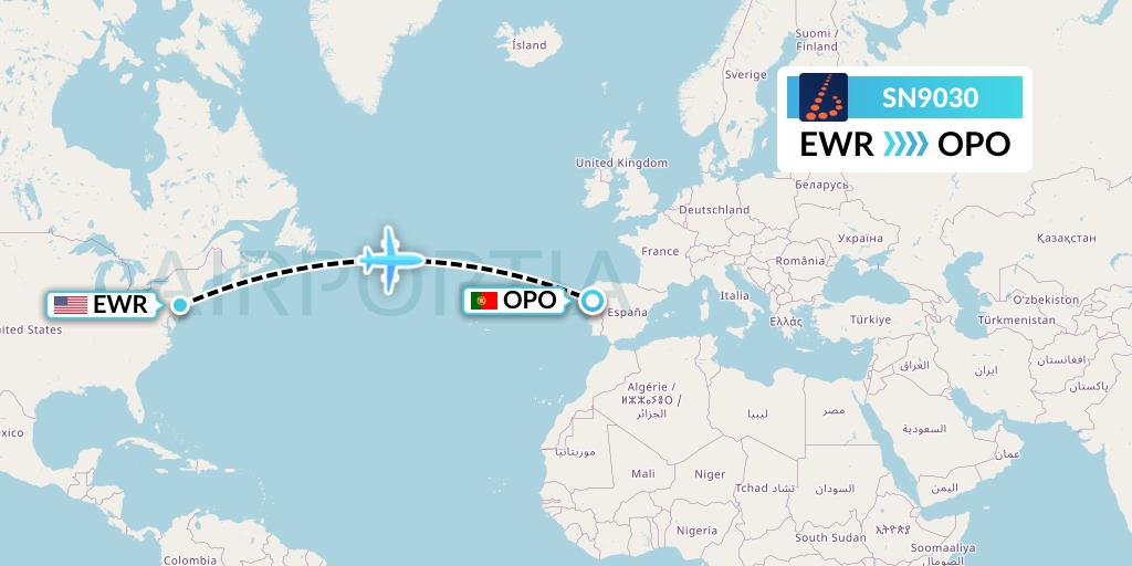 SN9030 Brussels Airlines Flight Map: New York to Porto
