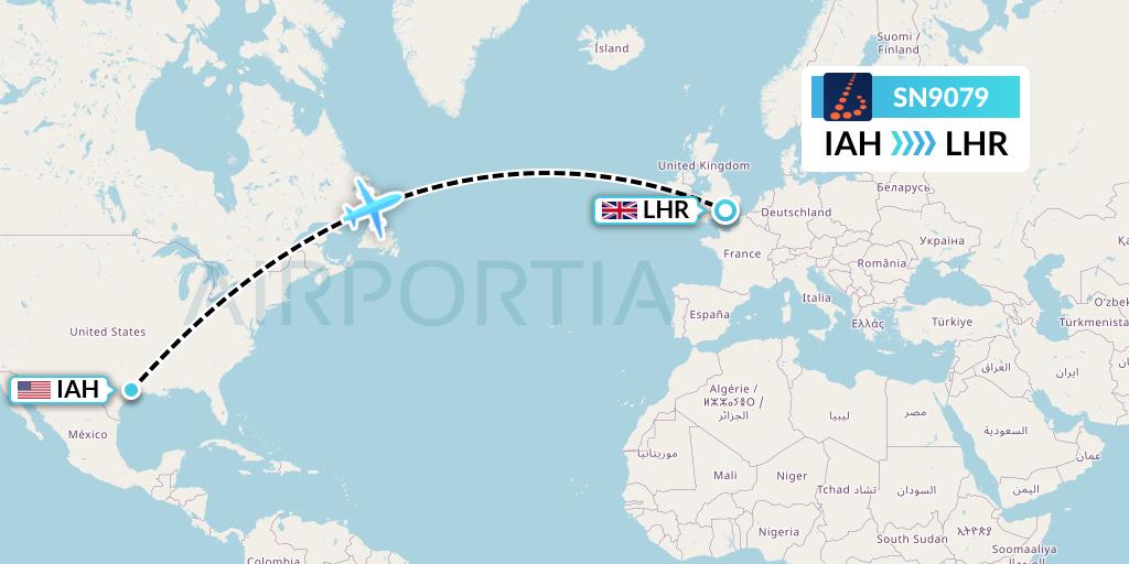 SN9079 Brussels Airlines Flight Map: Houston to London